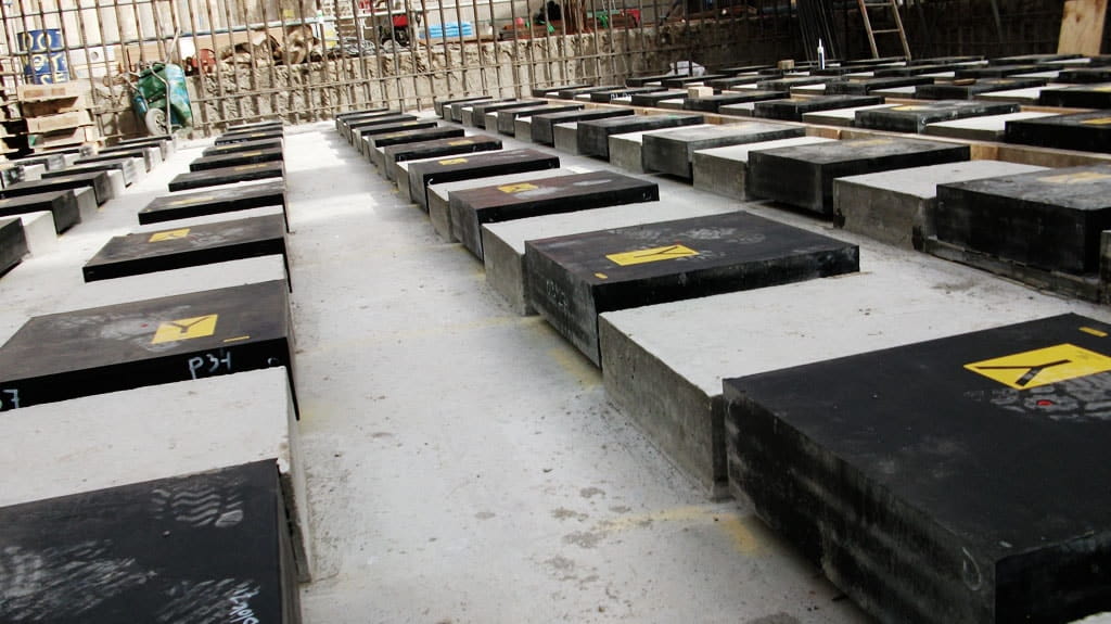 Trelleborg bearings at the base of one of Park house towers during construction