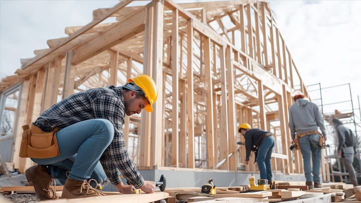 Workers constructing wooden house frame at a building site