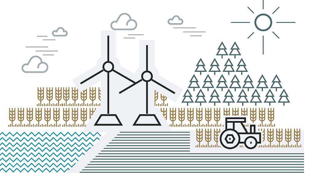 Wind turbines, field, forest and tractor in simplified drawing