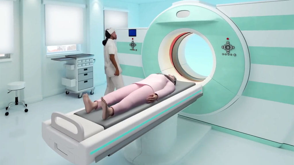 MRI table in hospital reproduced in 3D with patient on table and health professional