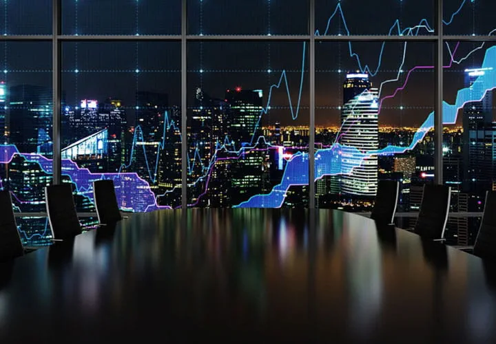 Forex graph and night view of city area from an empty conference room