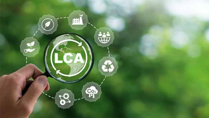 Green background featuring a circular design with icons representing recycling, circularity, and sustainability. At the the acronym 'LCA'