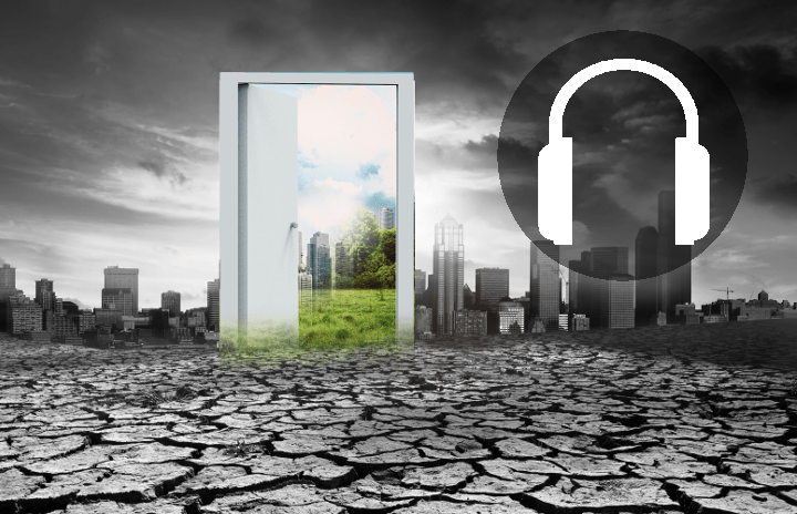Dry, cracked landscape with a door opening to green scenery, with headphone icon as overlay