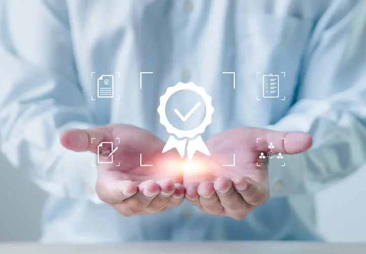 Hands presenting a digital quality certification icon, symbolizing reliability and compliance in sealing profile products