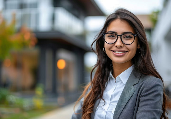 A lady standing in front of an office building