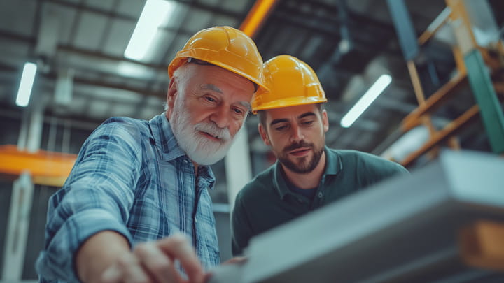 Two construction workers, young and old, are discussing plans while looking at blueprints in a factory