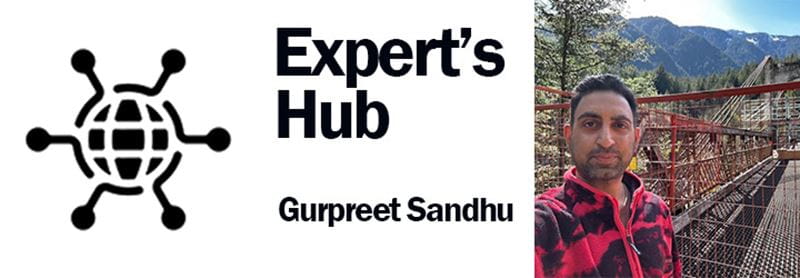 Bannière portant l'inscription « Expert's Hub – Gurpreet Sandhu » à côté d'une personne sur un pont métallique avec des montagnes en arrière-plan
