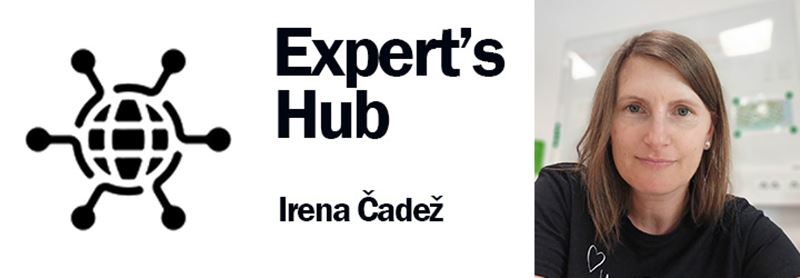 Expert’s Hub banner featuring Irena Čadež, professional portrait of a business expert in a modern office setting