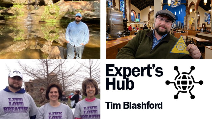 Expert’s Hub promotional graphic featuring Tim Blashford with photos taken outdoors, in a church interior, and at a community event.