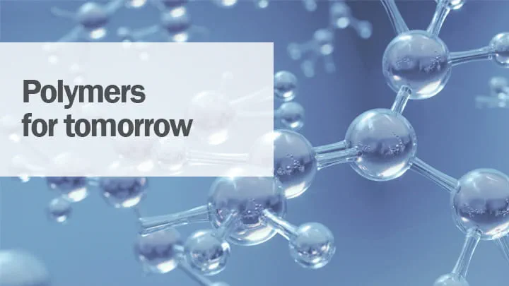 Molécules sur fond bleu avec texte superposé : polymères pour demain