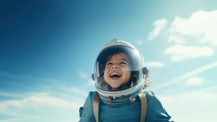 A boy dressed as an astronaut, standing against a clear blue sky.