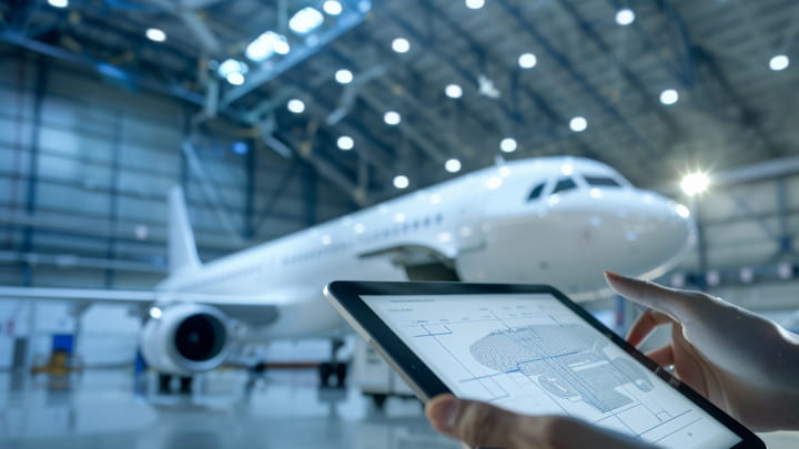 Personne tenant un iPad dans un hangar aéronautique avec un avion en arrière-plan