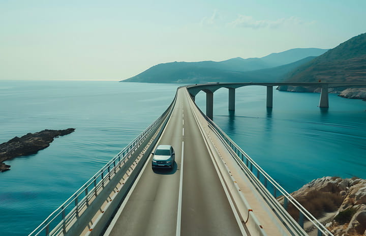 Car driving across a coastal bridge surrounded by blue sea and mountainous landscape