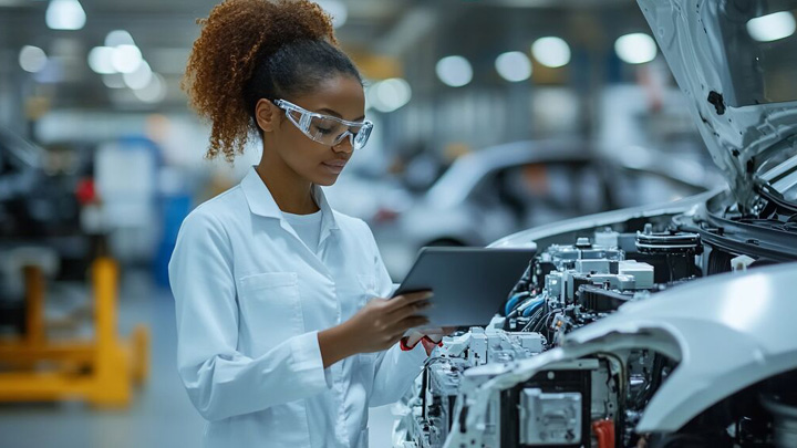 Technician inspecting vehicle components with a tablet in an automotive manufacturing facility.
