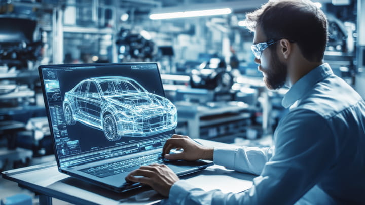 Ingeniero trabajando en un ordenador que muestra un modelo digital en 3D de un coche en un entorno de fabricación de automóviles