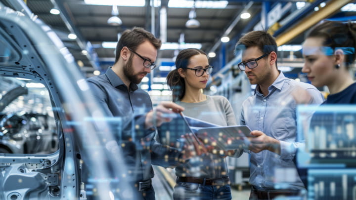Engineering team collaborating in a car manufacturing facility, symbolizing lasting partnerships, technical expertise, and close customer cooperation