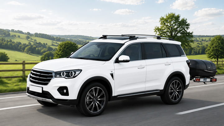 White SUV with roof rails and rear cargo box driving on a countryside road