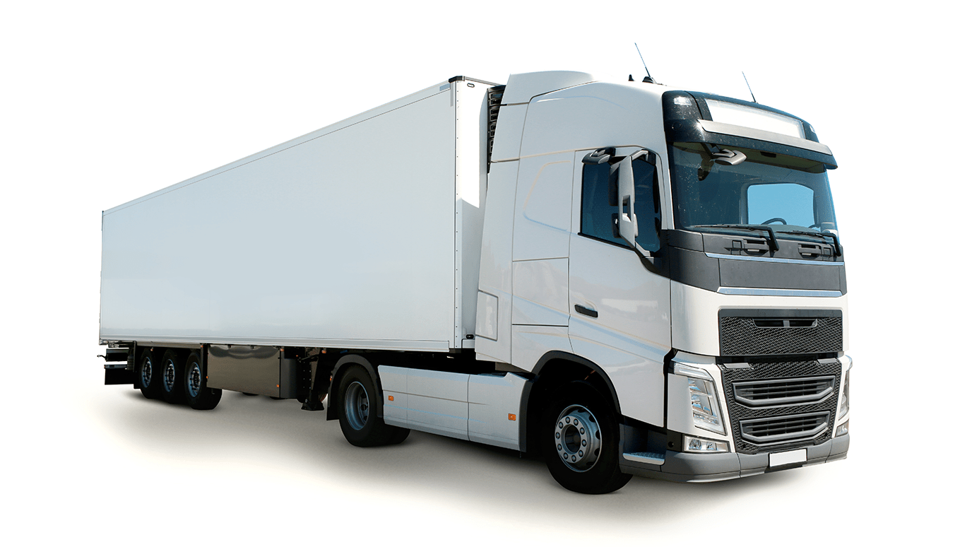 Vit lastbil med stor släpvagn isolerad mot vit bakgrund