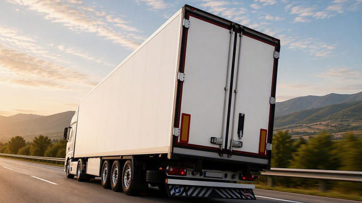 Camion caisse blanc circulant sur une autoroute avec des montagnes en arrière-plan.