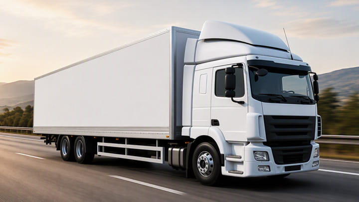 Camion semi-remorque blanc avec remorque fermée circulant sur une autoroute, avec des montagnes en arrière-plan.