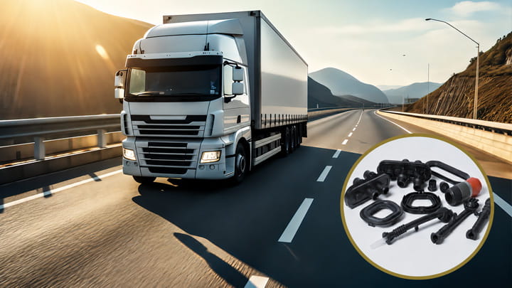 Nutzfahrzeug auf einer Autobahn mit einem Bildeinsatz, der Formteile und Dichtungskomponenten aus Gummi für Nutzfahrzeuge zeigt.