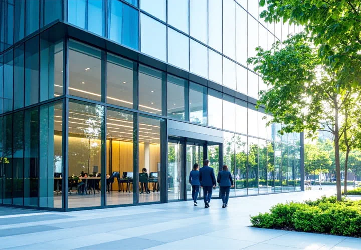 Immeuble commercial moderne avec façade en verre et entrée paysagée