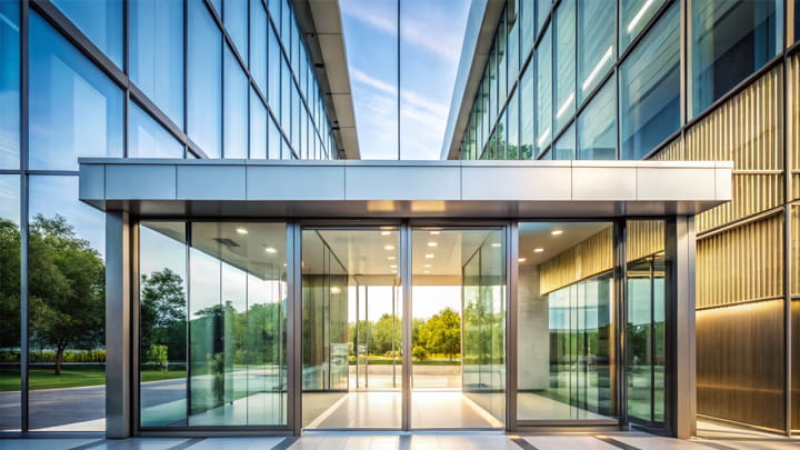 Entrada moderna de cristal con grandes puertas correderas