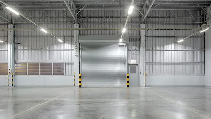 Interior of an industrial warehouse with a closed metal roller door