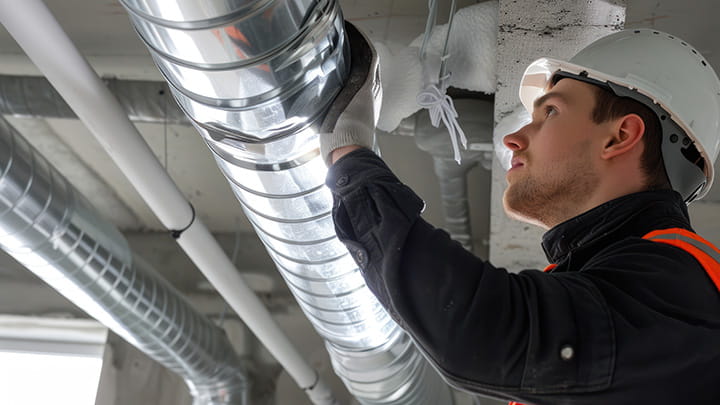 Operario trabajando en un sistema de ventilación en un entorno industrial.