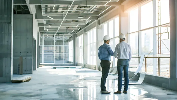 Two engineers wearing helmets on a building site, symbolizing partnership in the construction industry.