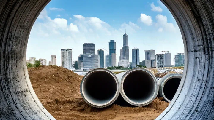 View of large concrete pipes on a construction site with a city skyline in the background
