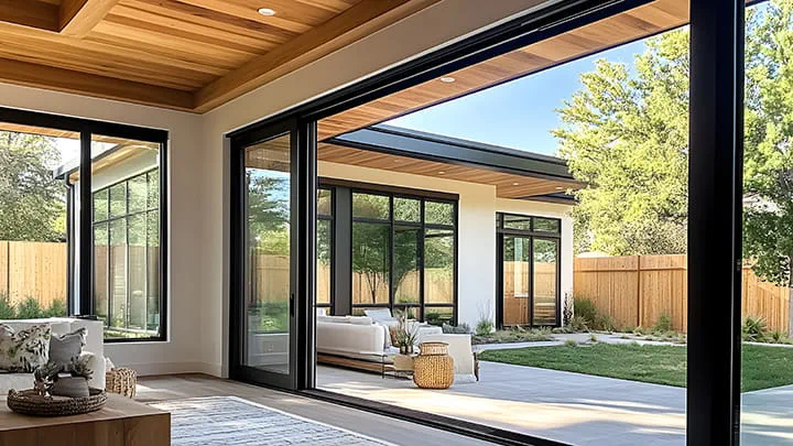Exterior of a house with prominent glass door and windows