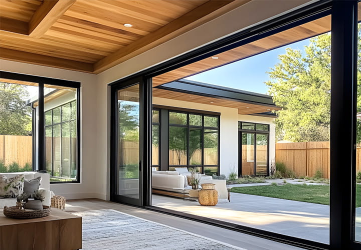 Exterior de una casa con una puerta y ventanas de cristal prominentes