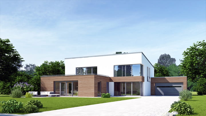 Modern house with large glass sliding doors and wooden accents, illustrating friction control solution