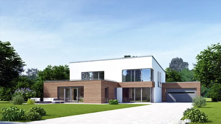 Modernes Haus mit großen Glasschiebetüren und Holzakzenten, das eine Lösung zur Reibungskontrolle veranschaulicht