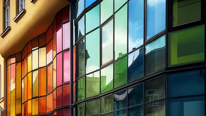 Färgglad glasfasad med reflekterande paneler