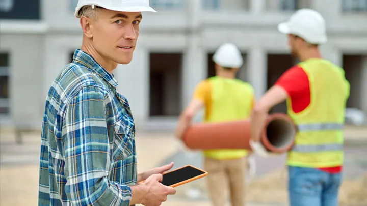 Trabajadores de la construcción manipulando tuberías en la obra, con una persona sosteniendo una tablet