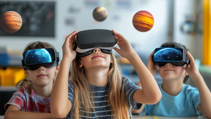 Children using virtual reality headsets exploring planets, representing innovation, future technologies, and advanced engineering solutions