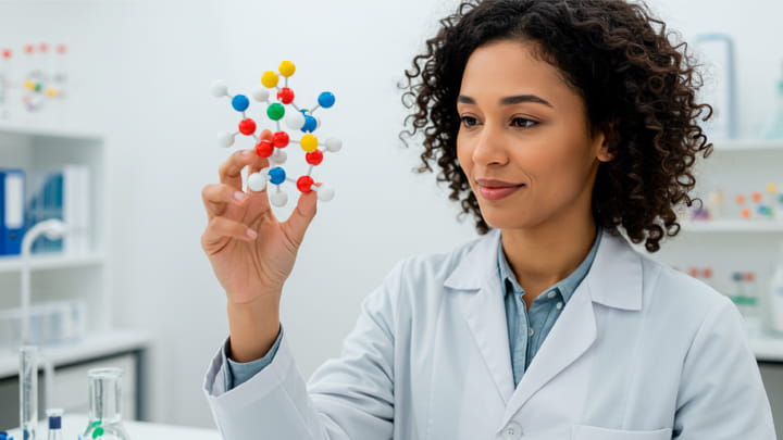 Persona con bata de laboratorio sosteniendo un modelo molecular de colores en un entorno de laboratorio