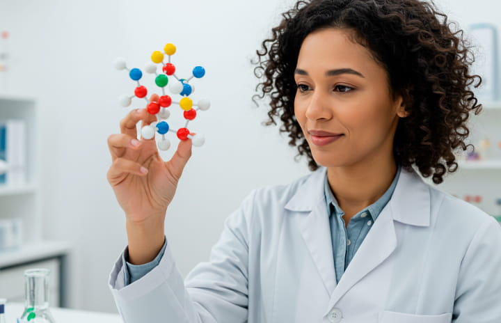 Person in a lab coat holding a colorful molecular model in a laboratory setting