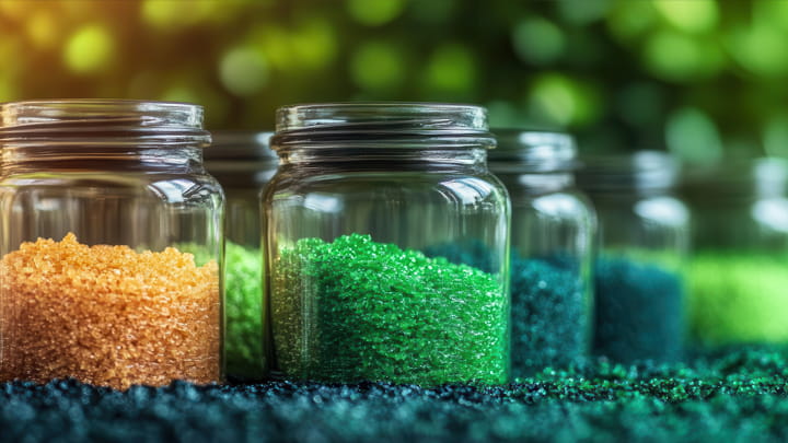 Glass containers filled with colored polymer granules, representing material selection and compound development