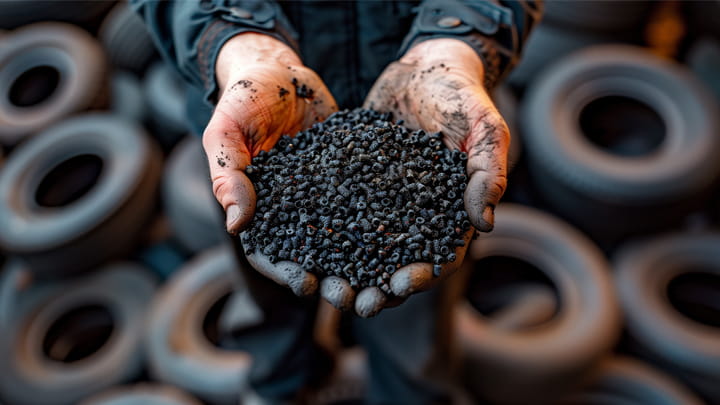 Hands holding black rubber compound pellets used in the production of engineered sealing and profile solutions.