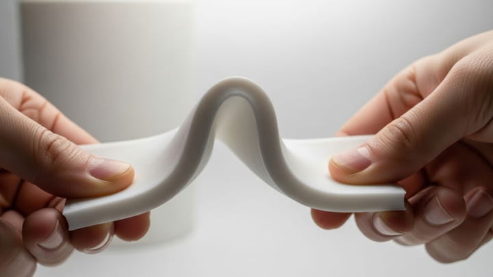 Hands bending a flexible white silicone profile to demonstrate its elasticity
