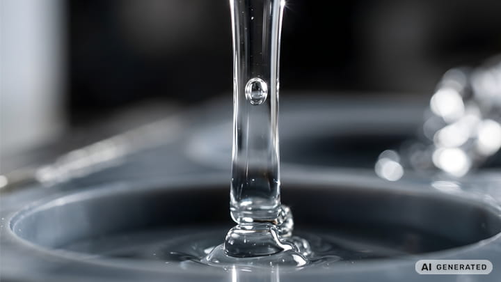 Close-up of transparent liquid silicone rubber flowing onto a smooth surface