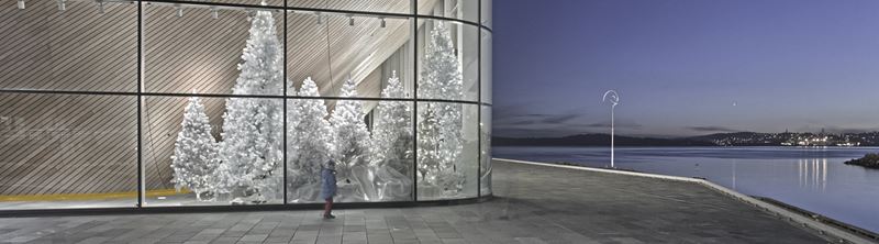 Edificio con cristaleras y árboles reflejados