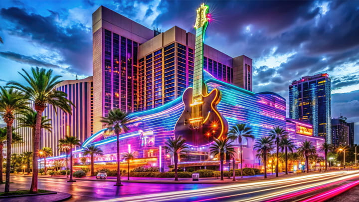 Hard Rock Hotel & Casino in Las Vegas illuminated at night with a guitar-shaped facade and colorful neon lights.