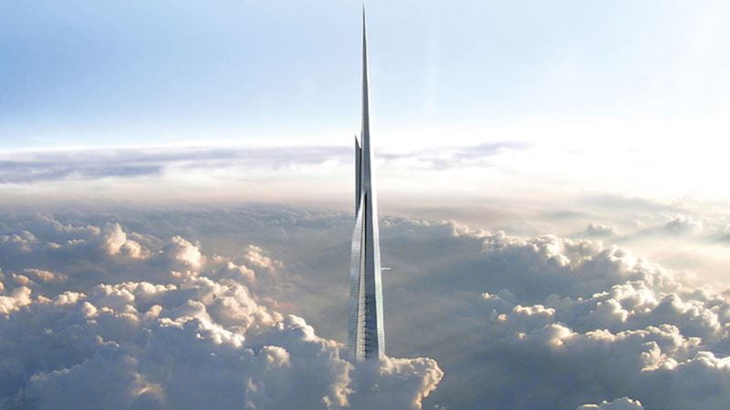 Jeddah Tower in Saudi-Arabien, ein futuristischer Wolkenkratzer, der bei Sonnenaufgang mit modernem Design über den Wolken aufragt.