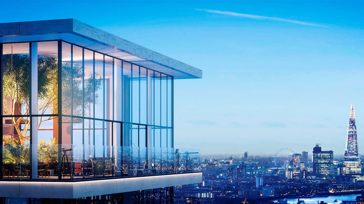 Wardian Tower rooftop garden with glass walls overlooking London skyline, including The Shard and London Eye.