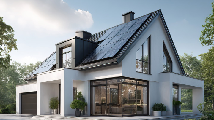 Maison moderne avec panneaux solaires sur le toit.