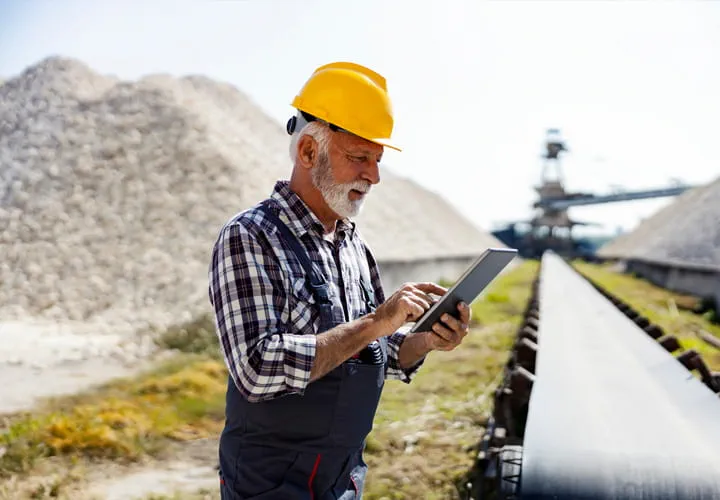 Person in safety gear using a tablet next to a conveyor belt with piles of raw material in the background